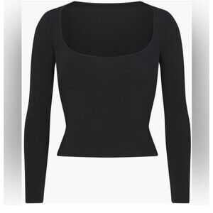 SKIMS Cotton Jersey Scoop Neck Long Sleeve Top | Soot | Size S